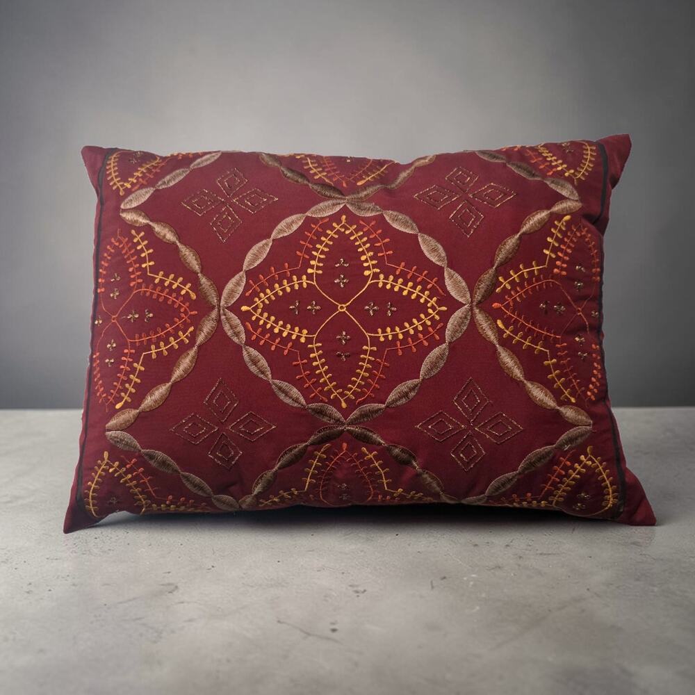 Pier 1 Imports Red Gold Embroidered Lumbar Throw Pillow 18x13 Boho Global